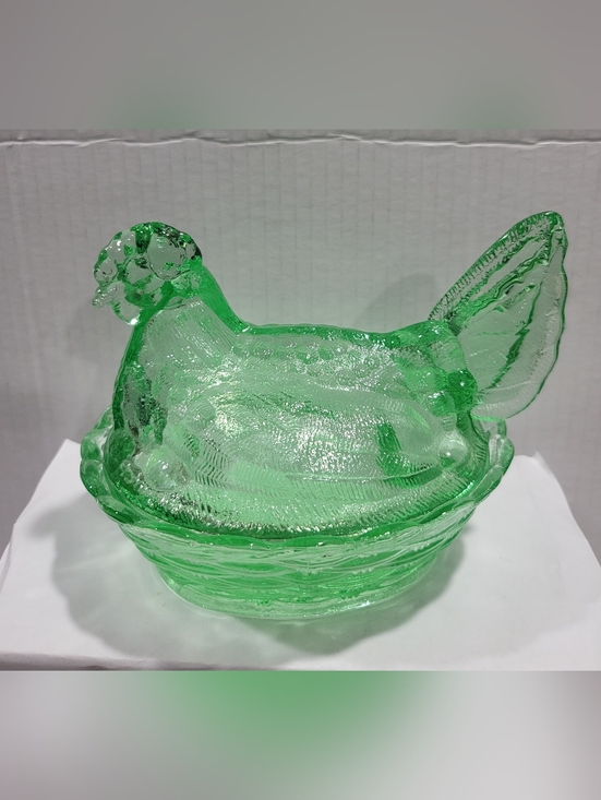 Other - Green Glass Hen on Nest Covered Dish Vintage Style